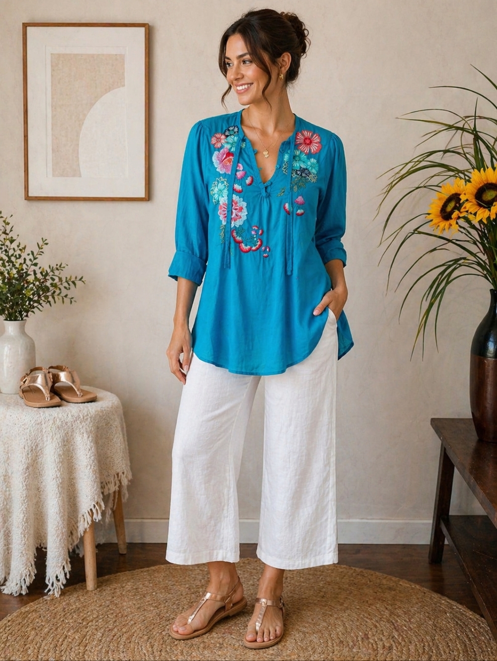 Johnny Was Embroidered Boho Tunic Top Blue Floral Silk Blend Small